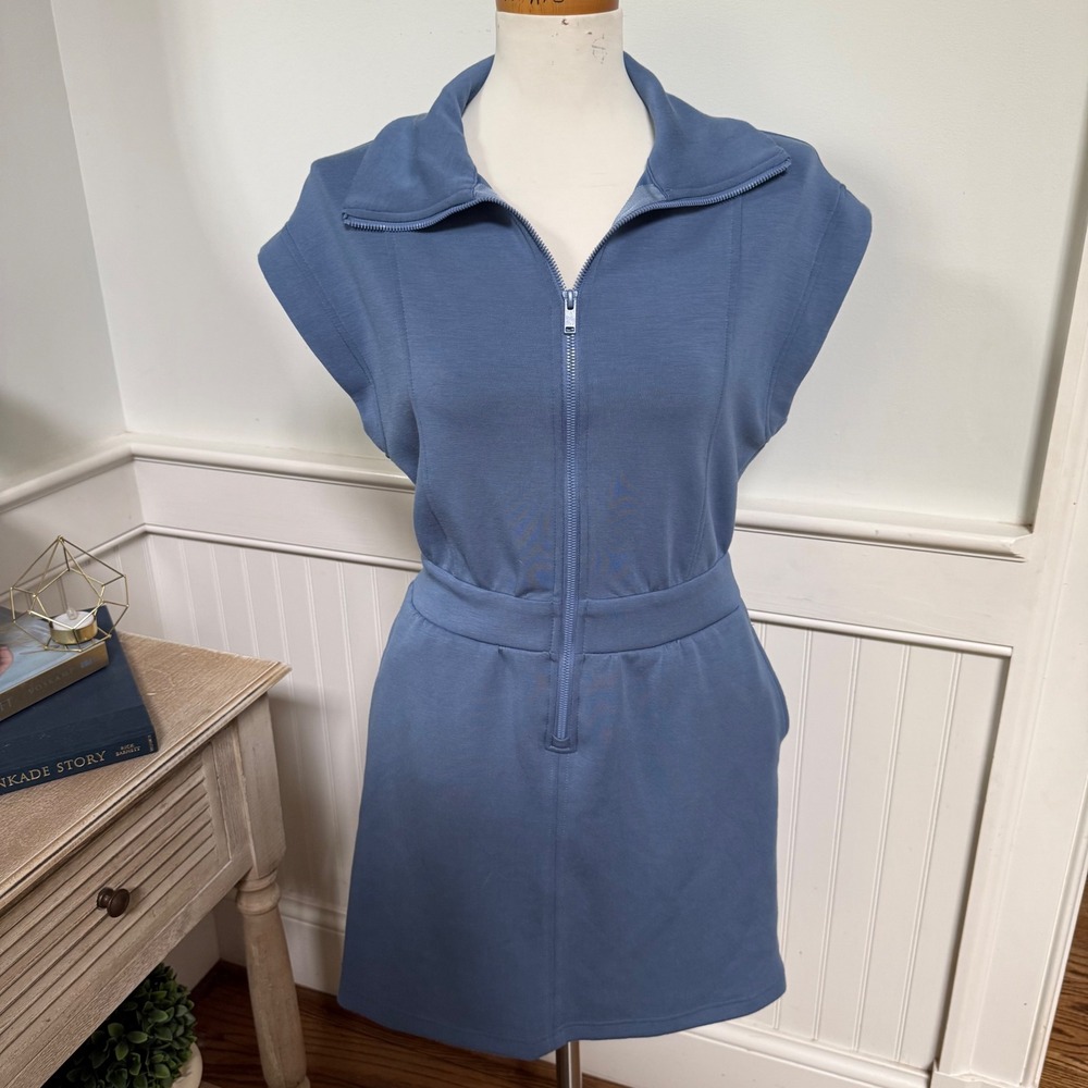 Rae Mode Womens Blue Cap Sleeve Full Zip Athleisure Mini Dress Size Small Pocket